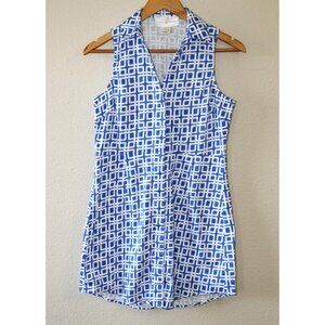 Julie Brown Blue White Geometric Dress 6  Sleeveless Button Front Cotton Blend